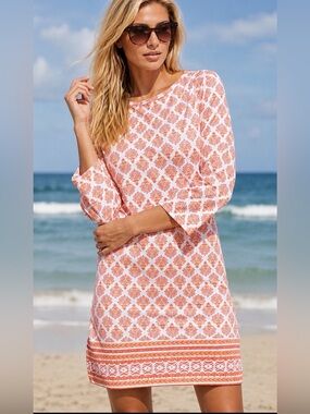 Cabana Life Orange Pink Medallion Print Shift Dress UPF 50+ Size L